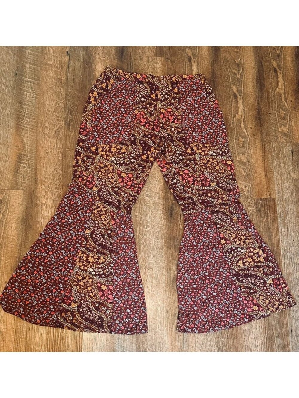 Floral Flare Hippie Boho Wide Leg Pants Womens XL Burgundy Forest Fairy Festival